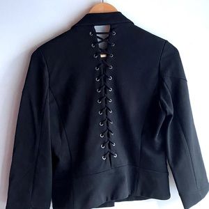 Elizabeth and Jsmes back lace up blazer